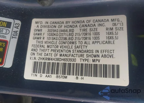 2013 Honda Cr-V Lx из США, поврежденный, VIN 2HKRM4H38DH693930